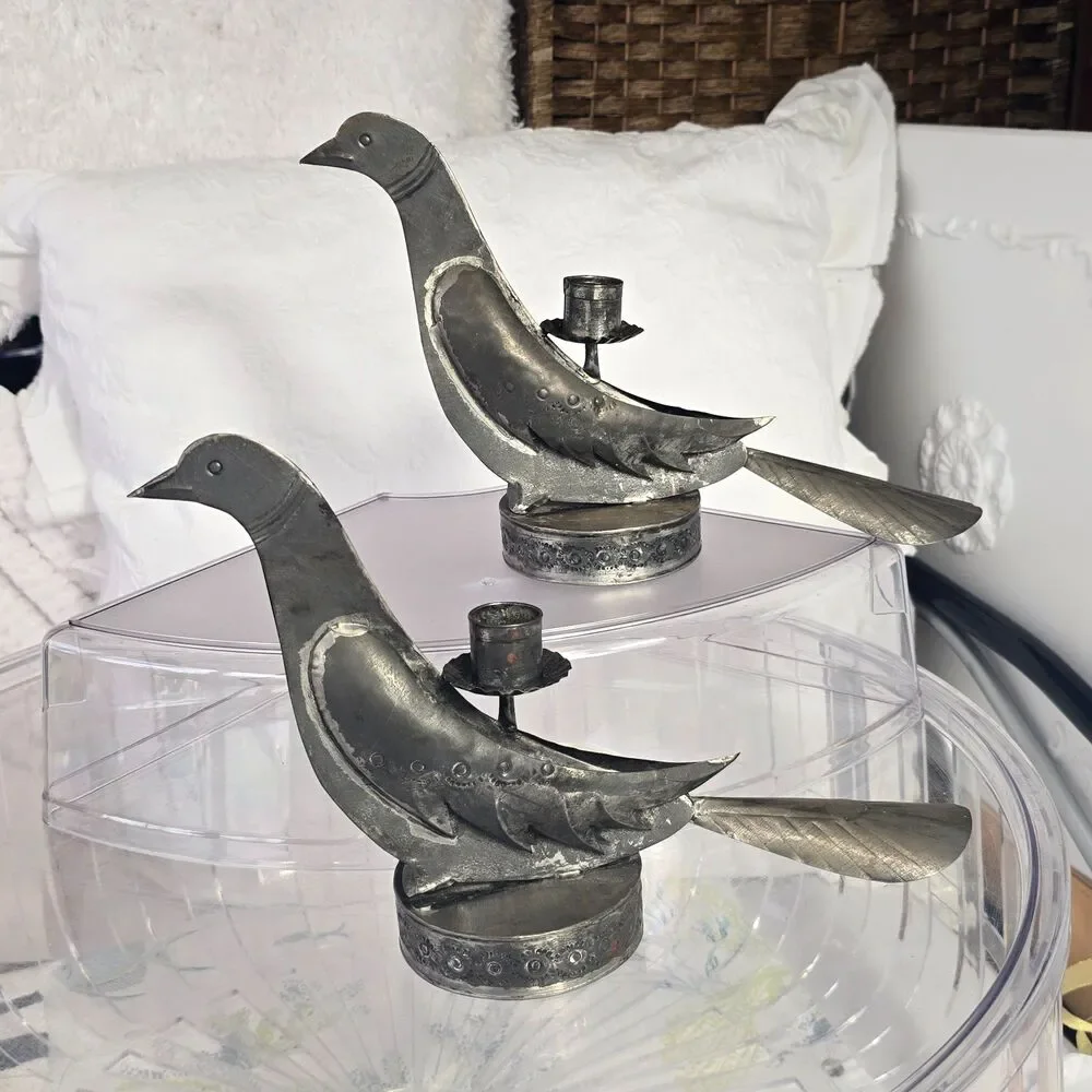 2 pc Antique Embossed Tin Folk Art Doves Birds Candle Holders Punched Rustic 14